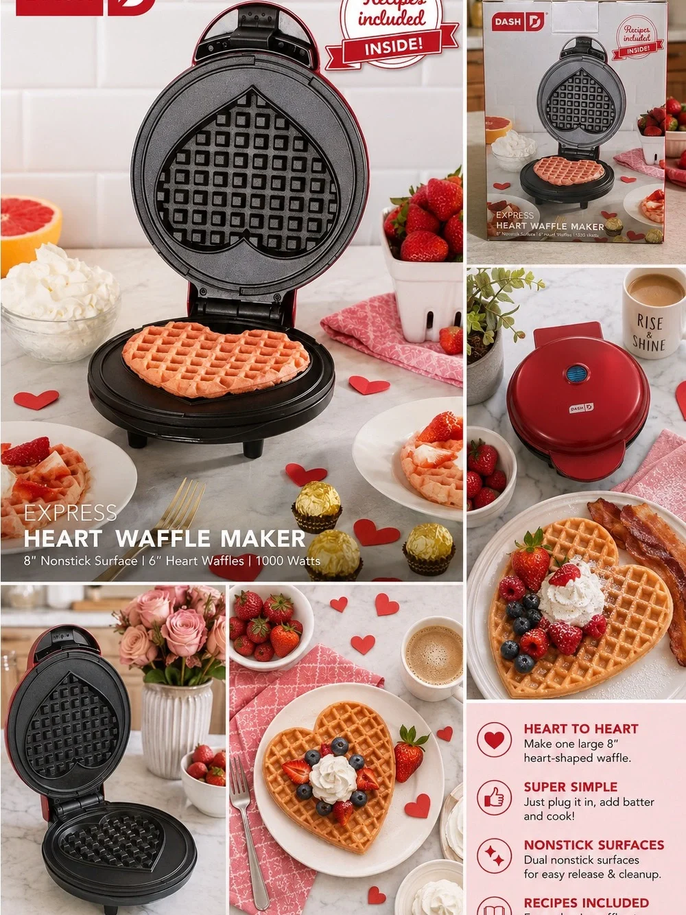 DASH Express Heart Waffle Maker 8” Red Nonstick Valentine Breakfast Open Box